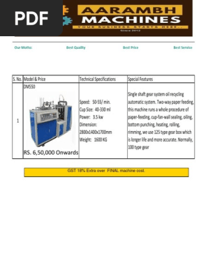 aarambh machines Catalog Paper Cup