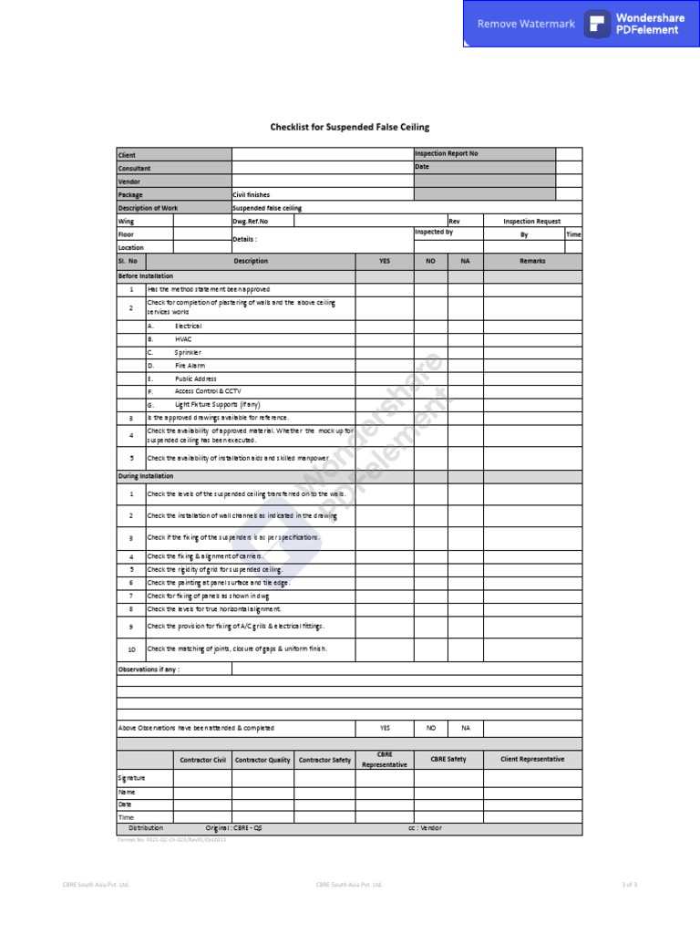 Suspended Ceiling Inspection Checklist | PDF | Economic Sectors ...