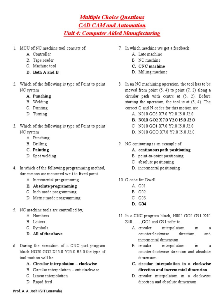 MCQ Unit 4 Computer Aided Manufacturing PDF Numerical Control
