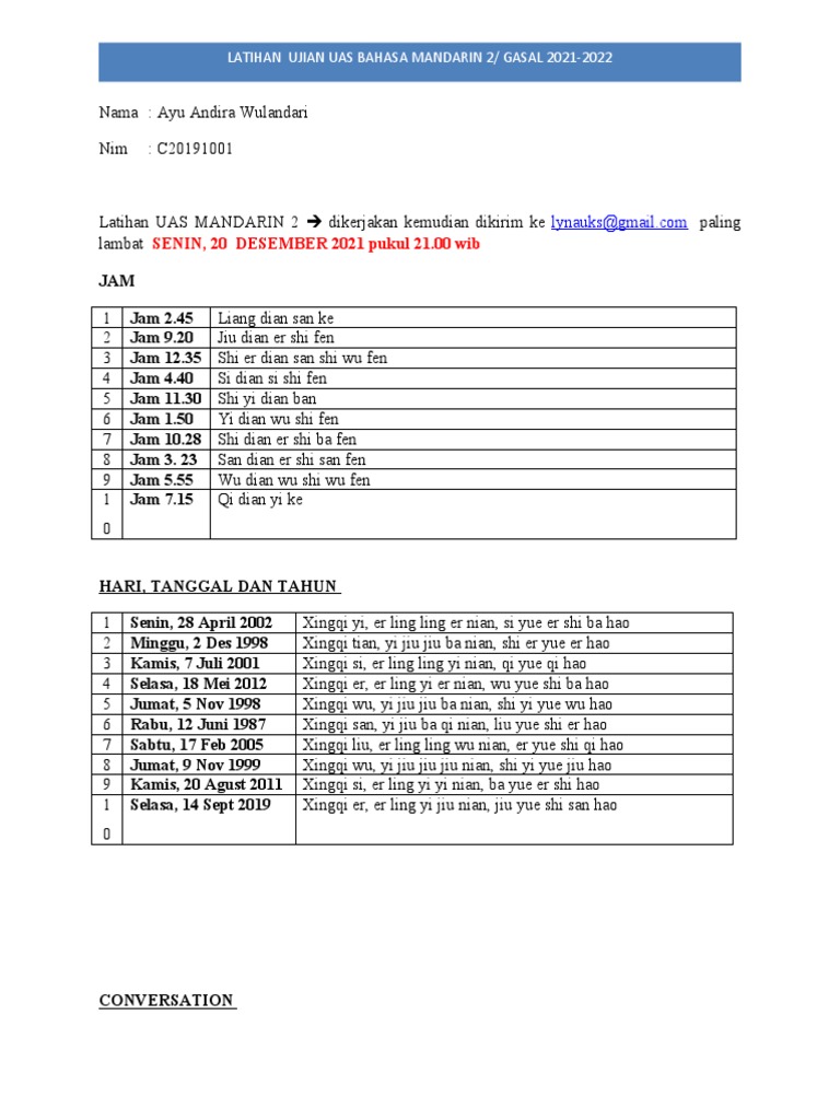 Latihan Ujian Bahasa Mandarin 2 | PDF