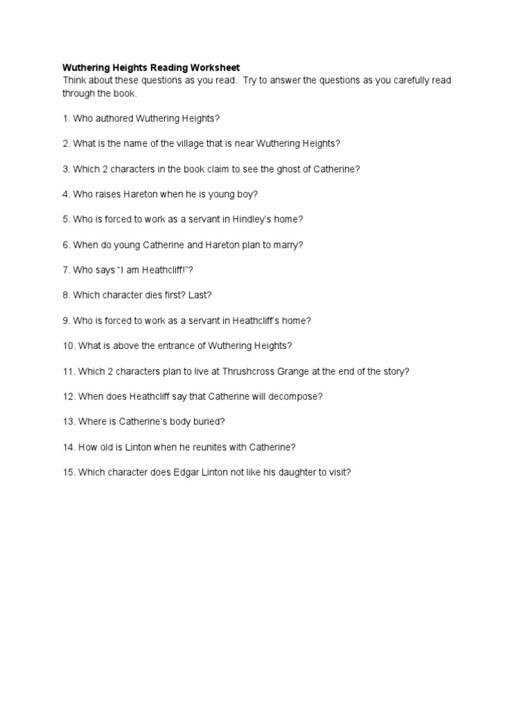 Wuthering Heights Reading Worksheet PDF