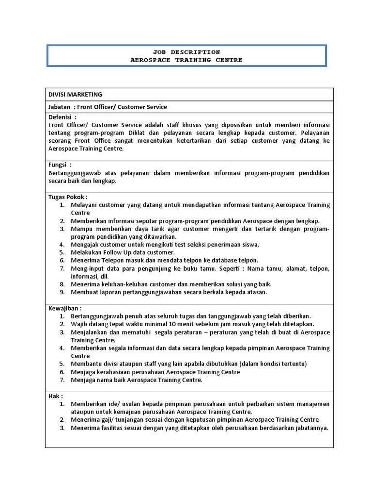 Job Desk FO | PDF | Karier & Perkembangan | Pengelolaan Keuangan & Uang