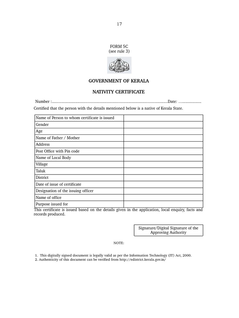 Form 5c (See Rule 3) Government of Kerala Nativity Certificate PDF
