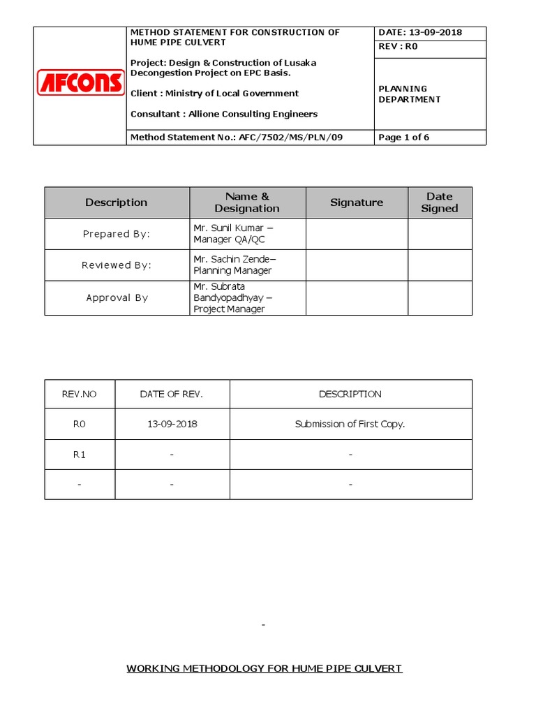 Method Statement For Hume Pipe Culvert PDF Concrete Pipe (Fluid