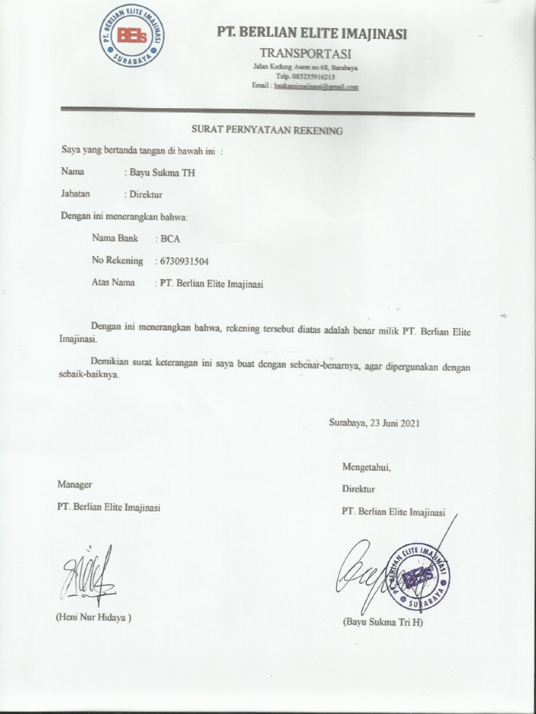 Surat Pernyataan Rekening Perusahaan | PDF