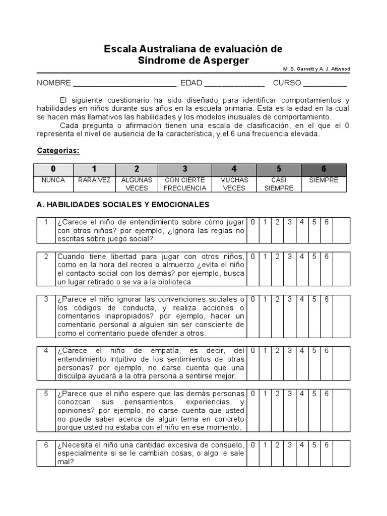 Cuestionario para evaluar Asperger | PDF | Síndrome de Asperger | Las ...