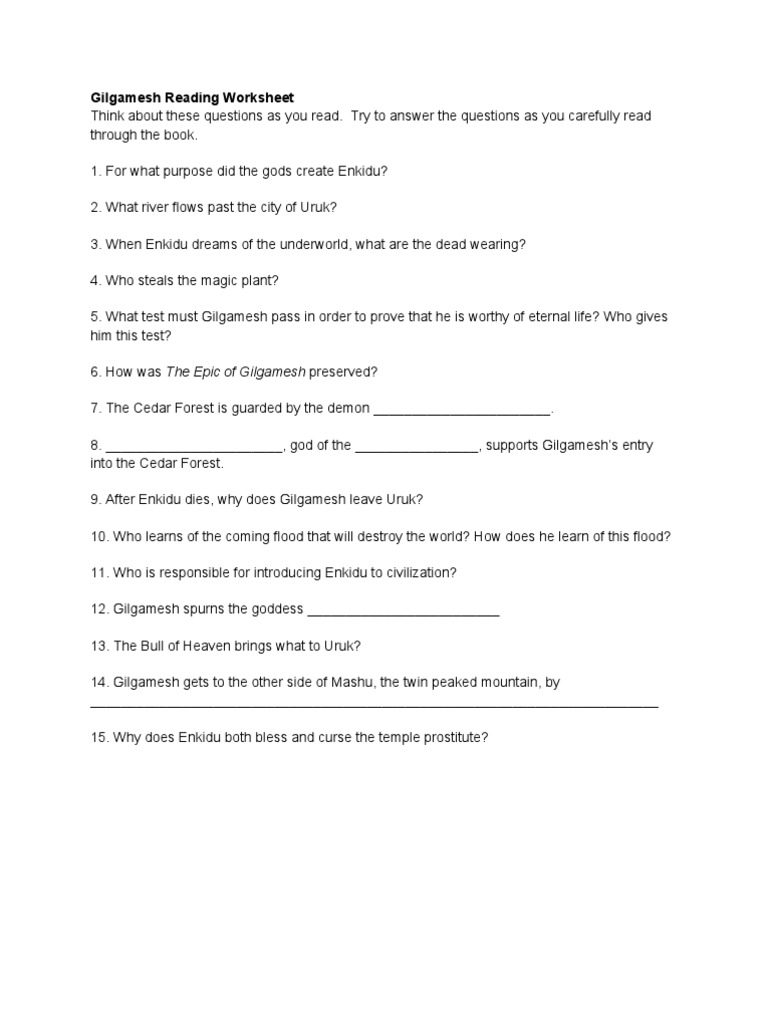 Gilgamesh Reading Worksheet | PDF | Epic Of Gilgamesh | Mesopotamian  Mythology