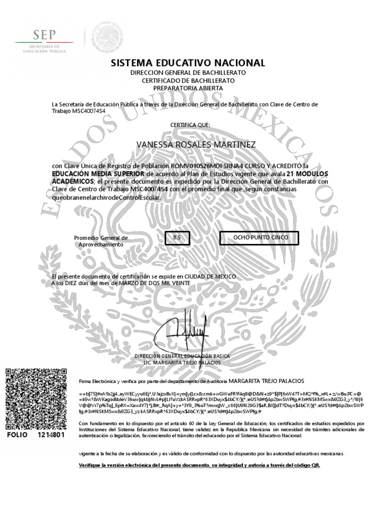 Certificado de Bachillerato SEP 2020 | PDF