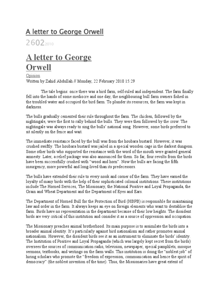 Letter to George Orwell: Bird Farm Allegory | PDF