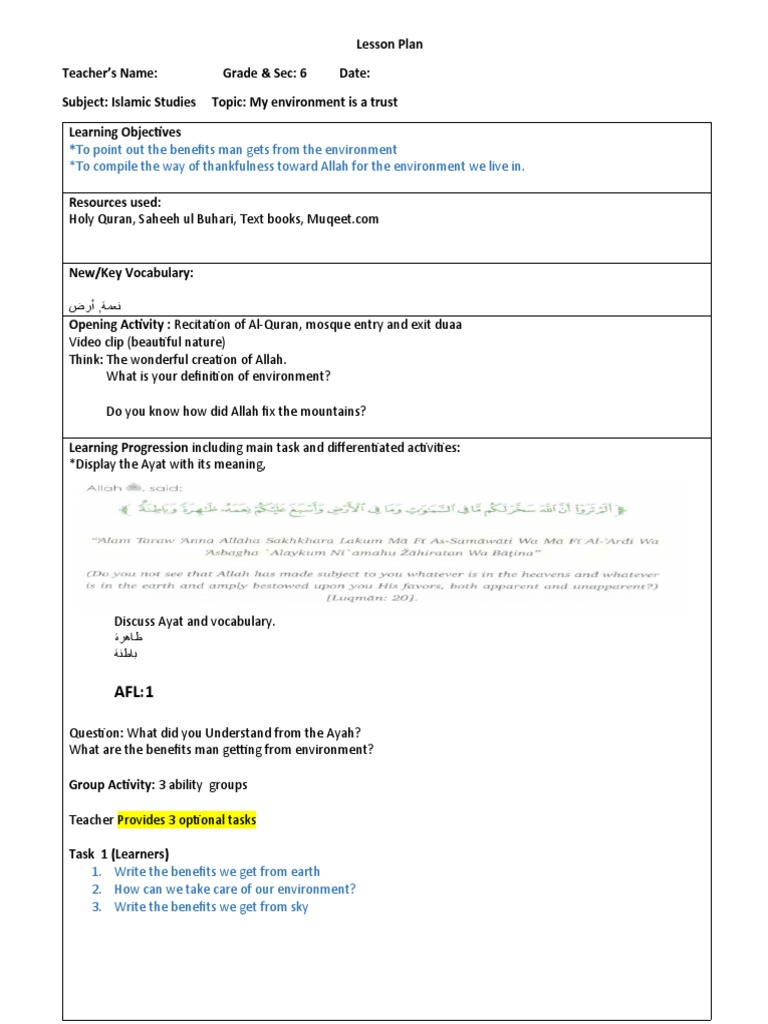 Islamic Studies Lesson Plan on Environment | PDF | Islam | Quran