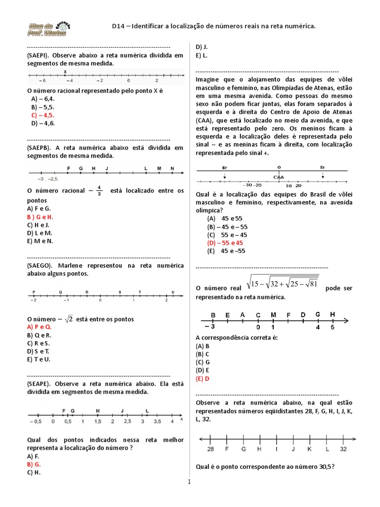 Exercícios De Matemática Blog Do Prof Warles Pdf Linha