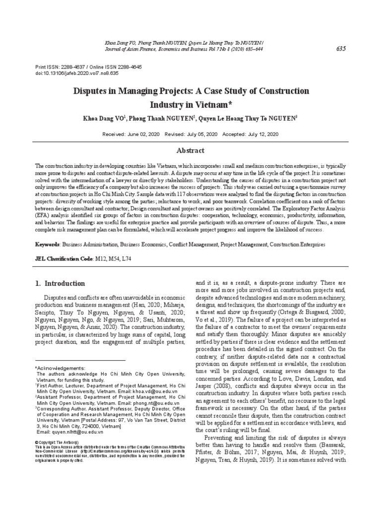 Disputes in Managing Projects - A Case Study of Construction Industry ...
