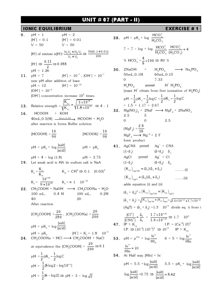 Unit # 07 (Part - Ii) : Ionic Equilibrium Exercise # 1 | PDF | Ph ...