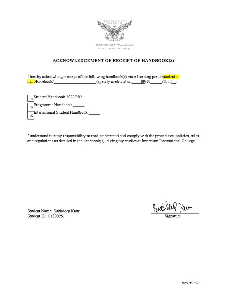 Handbook Receipt Acknowledgment Form | PDF