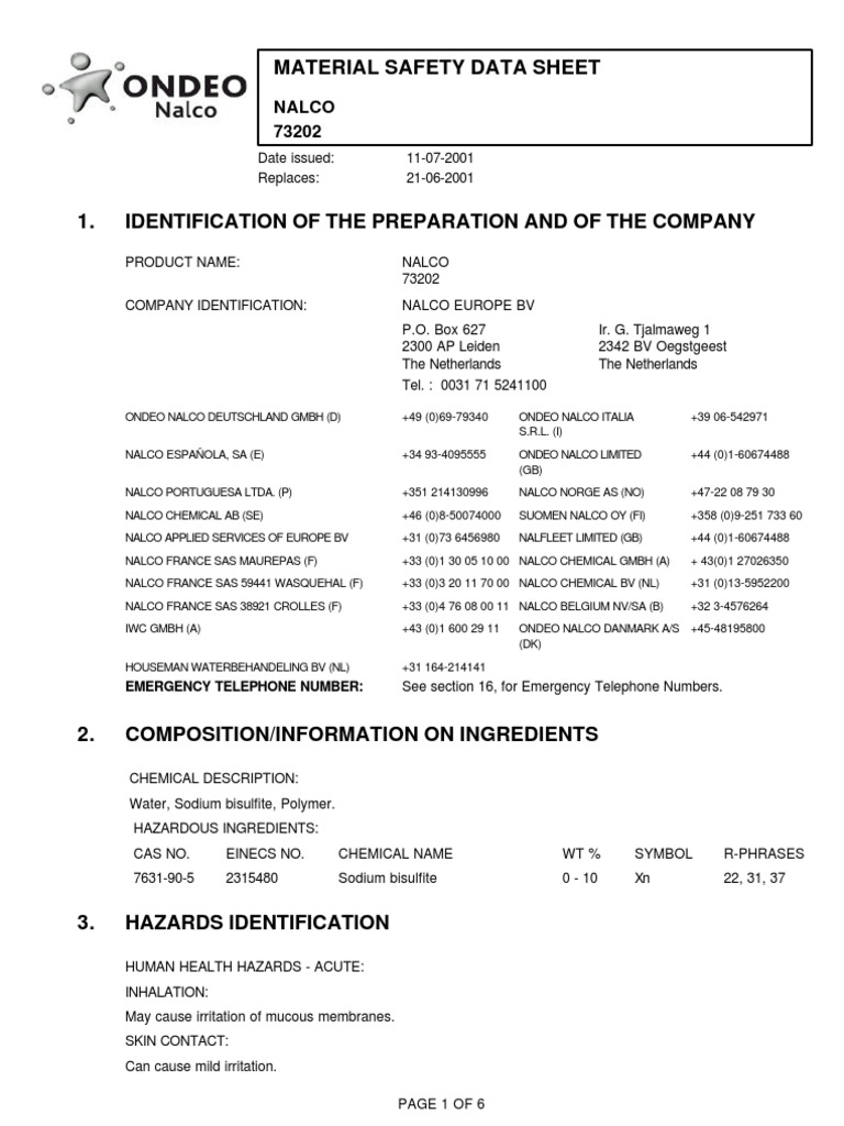Material Safety Data Sheet: Nalco 73202 | Download Free PDF | Personal ...