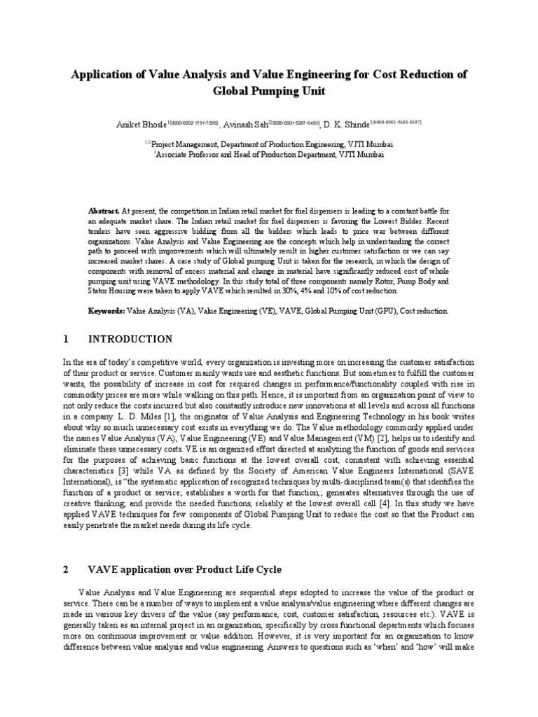 Application of Value Analysis and Value Engineering For Cost Reduction ...