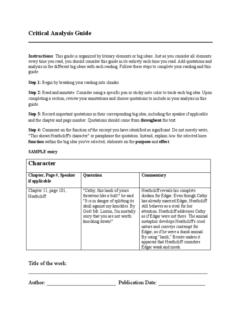 Critical Analysis Guide PDF Narration Heathcliff (Wuthering Heights)