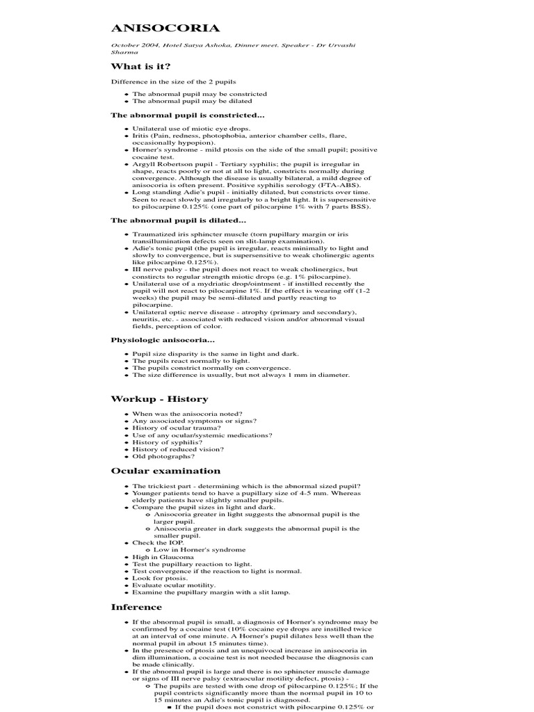 Anisocoria What Is It? PDF Medicine Diseases And Disorders