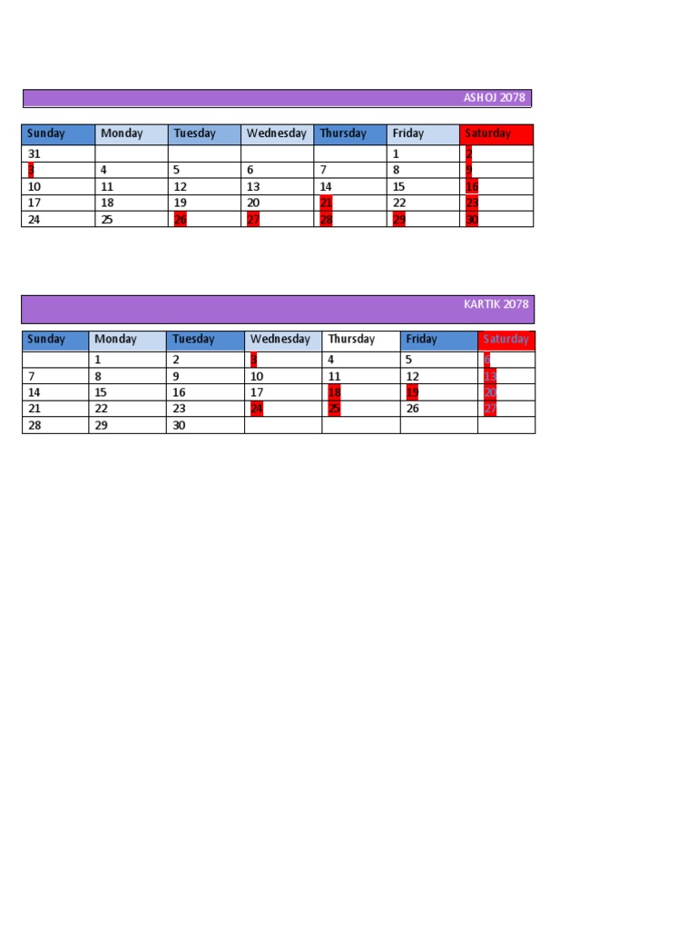 Calendar for Ashoj and Kartik 2078 | PDF