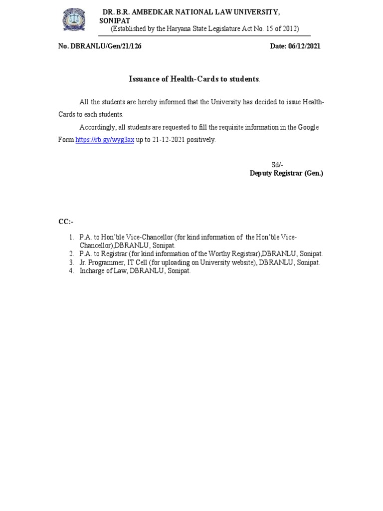 Notice Regarding Issuance of Health-Cards To Students | PDF | Social ...