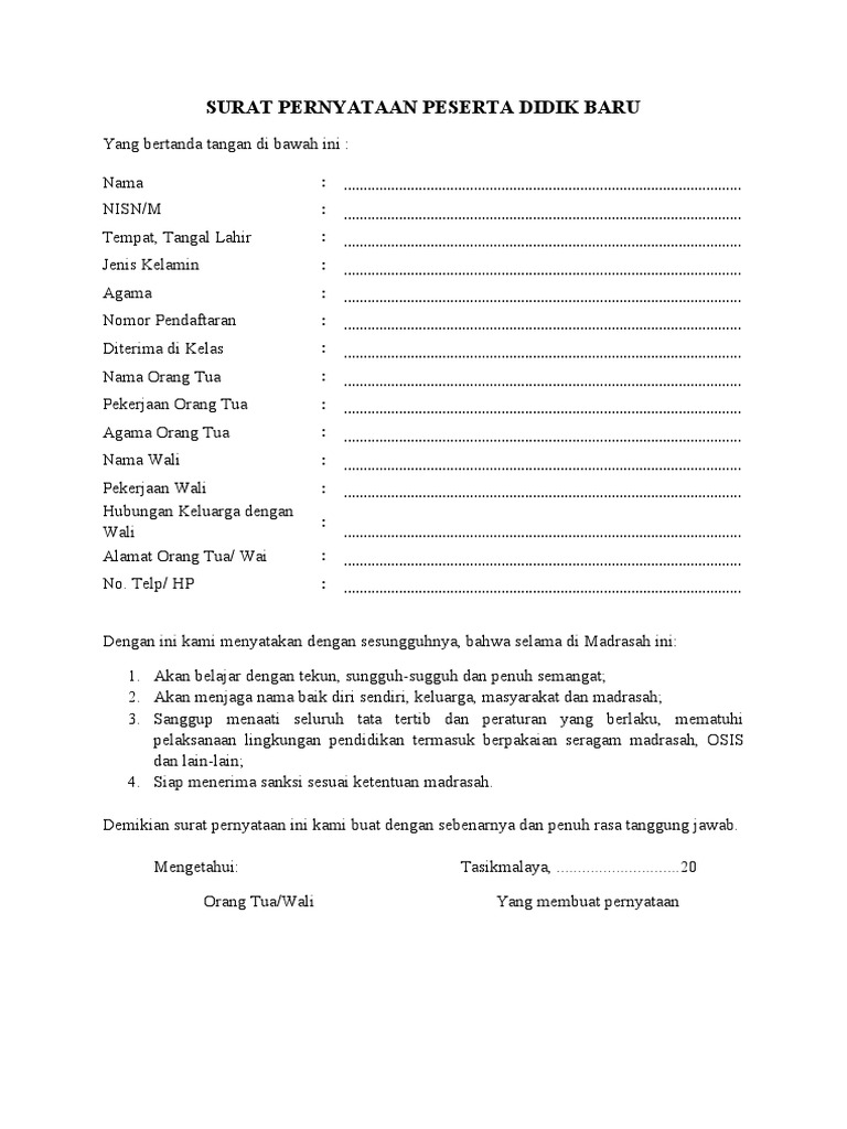 Surat Pernyataan Peserta Didik Baru Docx Pdf Document - vrogue.co