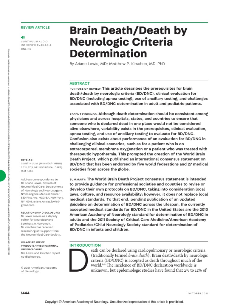 Brain Death Death by Neurologic Criteria.15 PDF Death Neurology