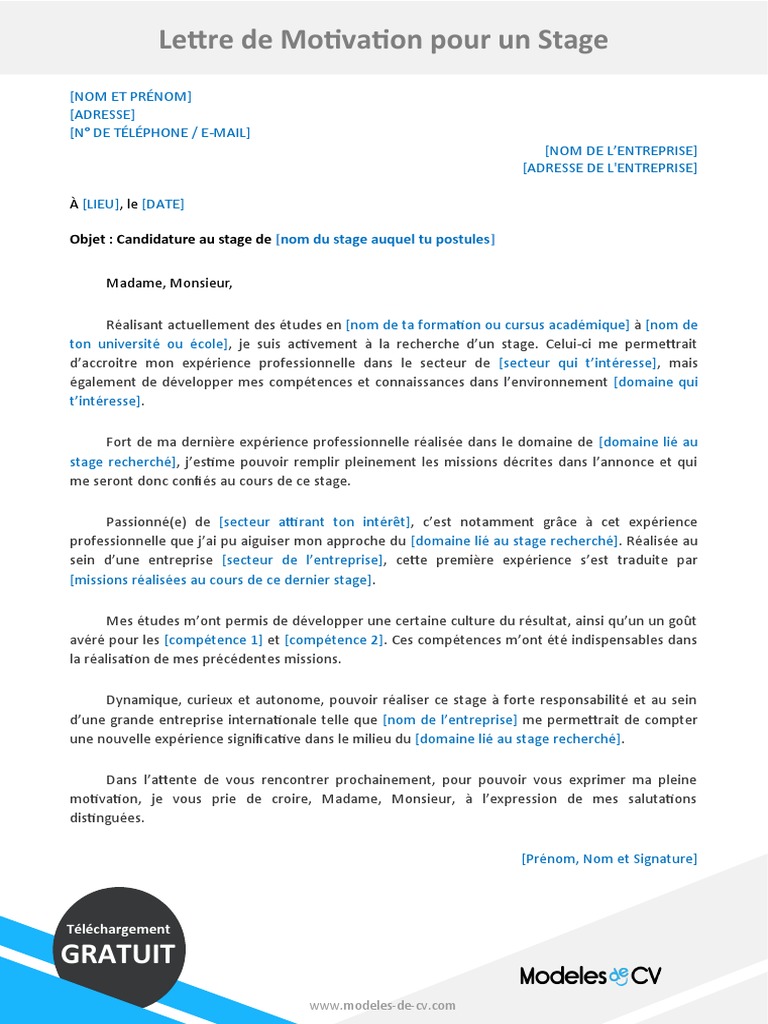 Exemple Lettre De Motivation Stage 3eme Prepa Pro 10 Exemple Lettre Motivation Stage | PDF | Motivation | Motivationnel