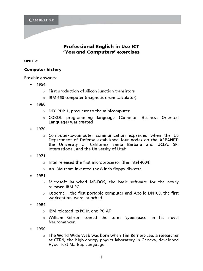 Professional English in Use ICT You and Computers Answer Keys PDF