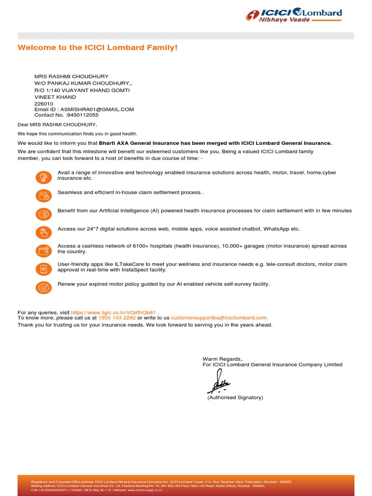 Welcome To The ICICI Lombard Family!: Dear Mrs Rashmi Choudhury 