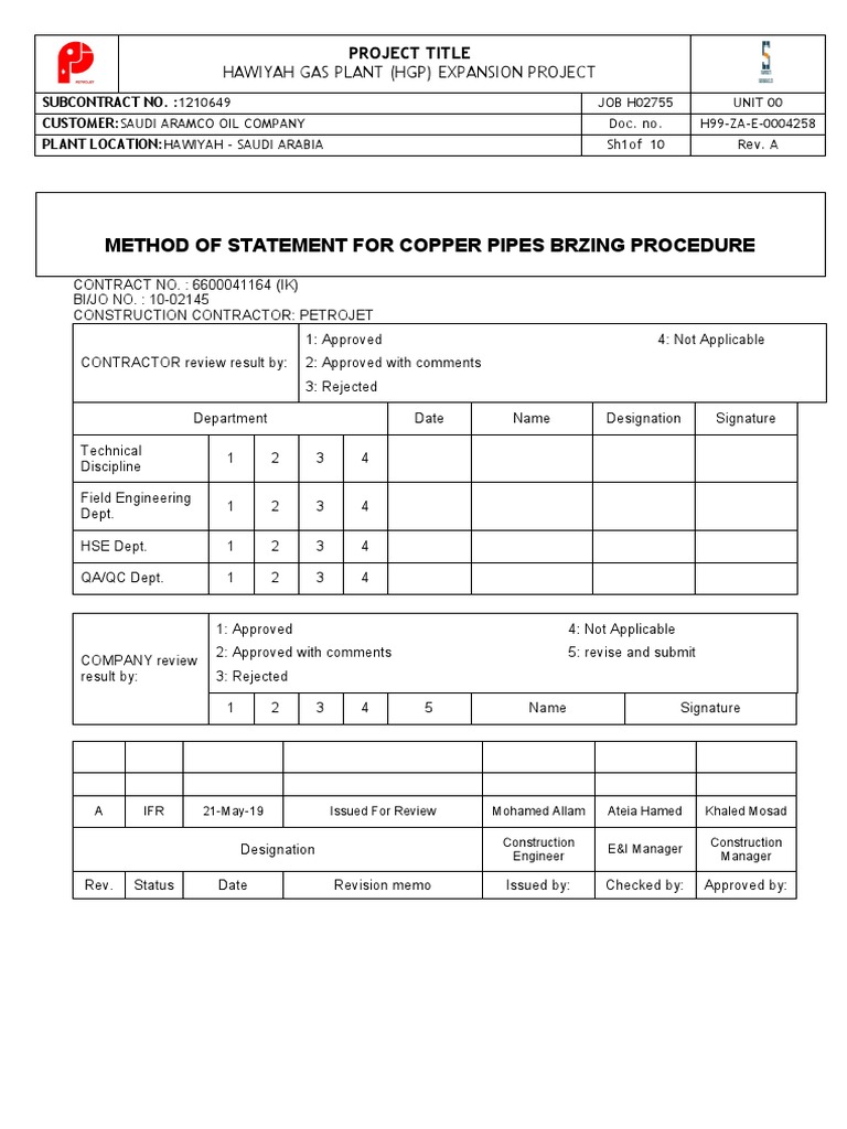 Method Statement For Copper Pipes Brazing Procedure PDF Pipe (Fluid
