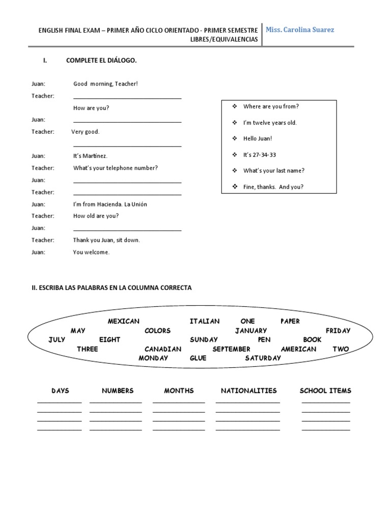 I. Complete El Diálogo. English Final Exam Primer Año Ciclo