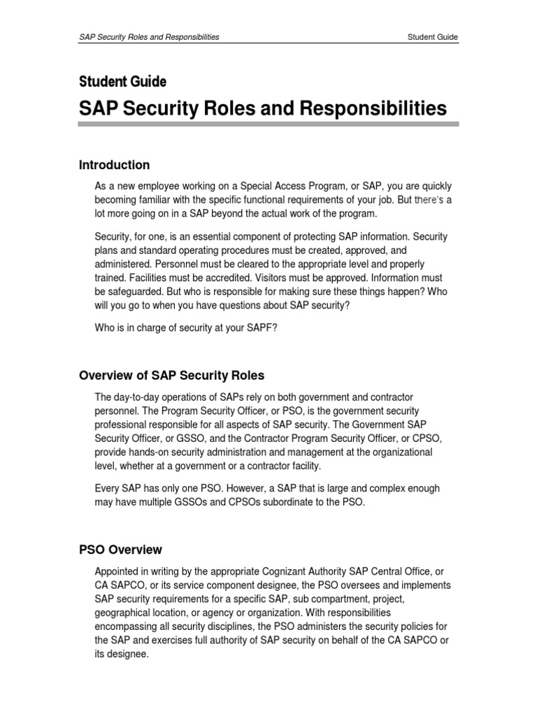 SAP Security Roles and Responsibilities Student Guide PDF Security