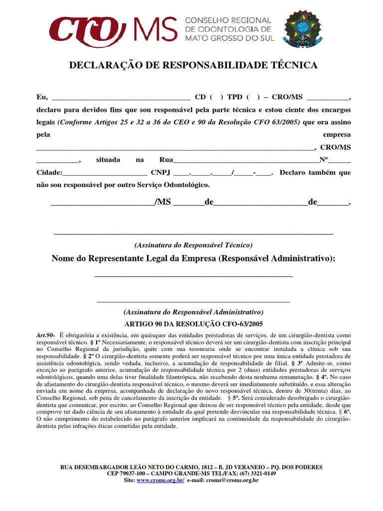Modelo de Declaração de Responsabilidade Técnica PDF Dentista Odontologia