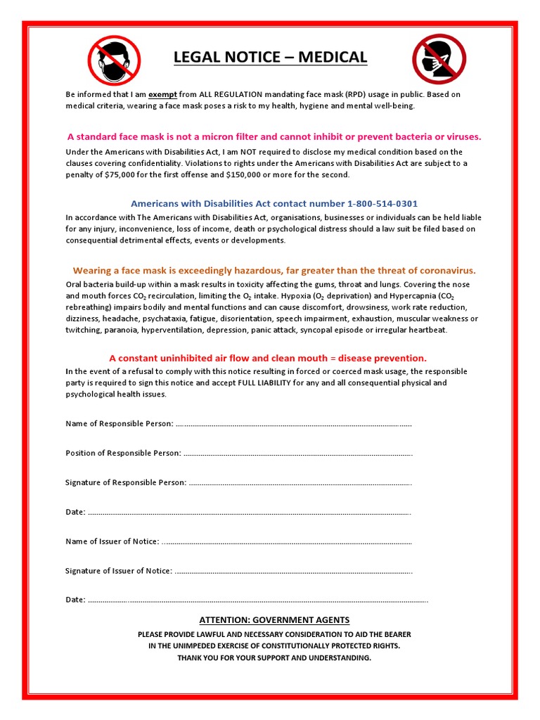 MASK EXEMPTION Legal Medical Waiver PDF Disability Americans