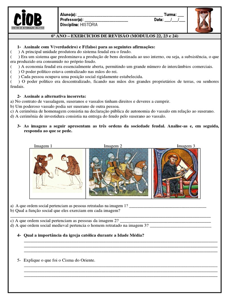 Exercícios sobre Feudalismo para 6º Ano | PDF | Feudalismo | Idade Média