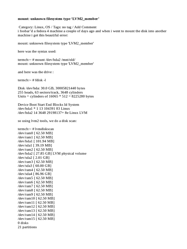 Mount Unknown Filesystem Type LVM2 Member' PDF Computing