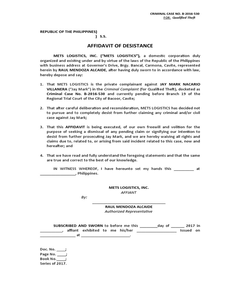 Affidavit of desistance template docx vrogue co