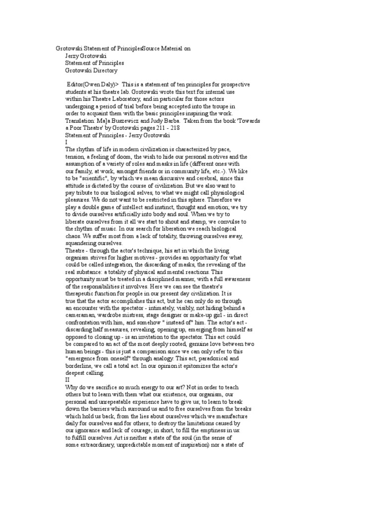 Grotowski's Principles for Theatre Actors | PDF | Cognitive Science ...