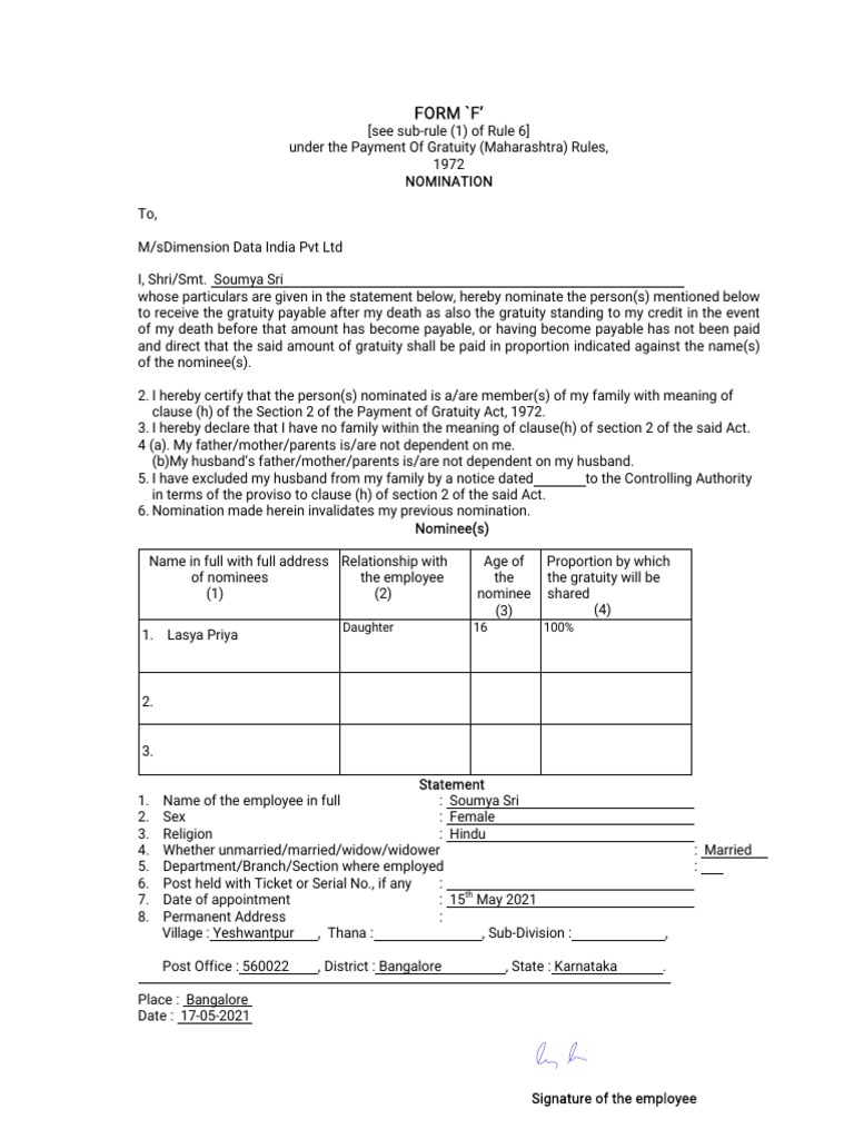 Gratuity Form F PDF