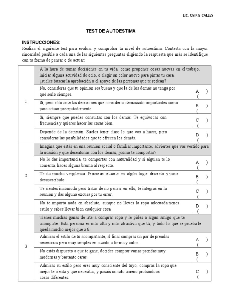 Test de Autoestima para Adolescentes | PDF | Autoestima