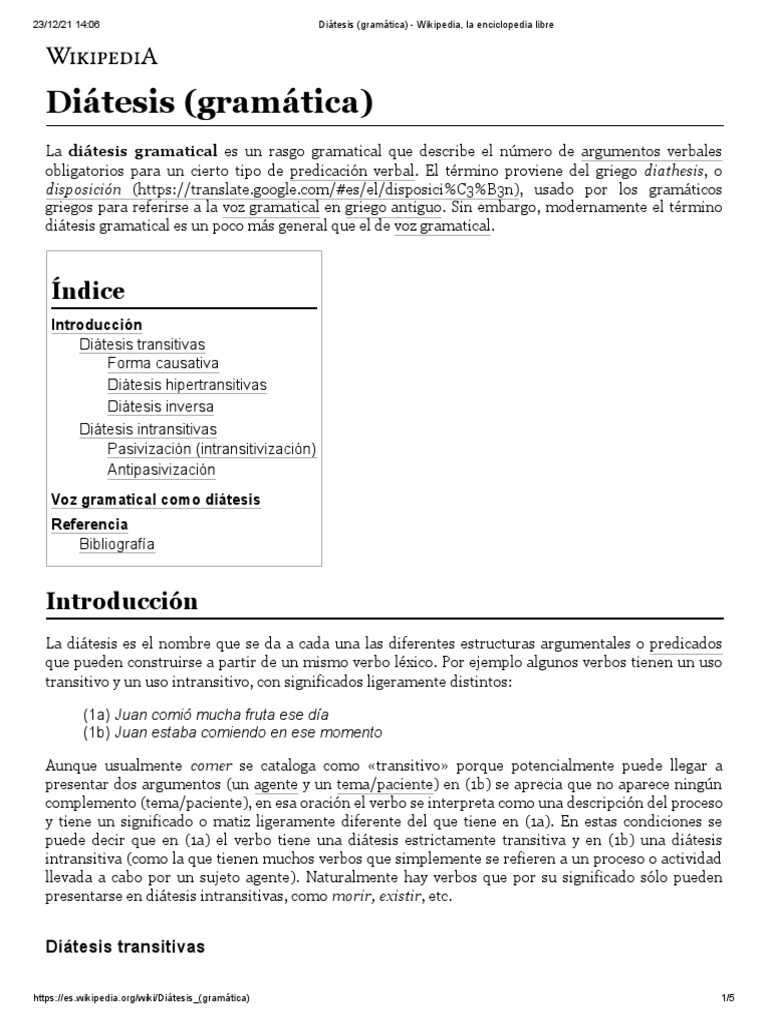 Diátesis (Gramática) - Wikipedia, La Enciclopedia Libre | PDF | Verbo |  Sintaxis