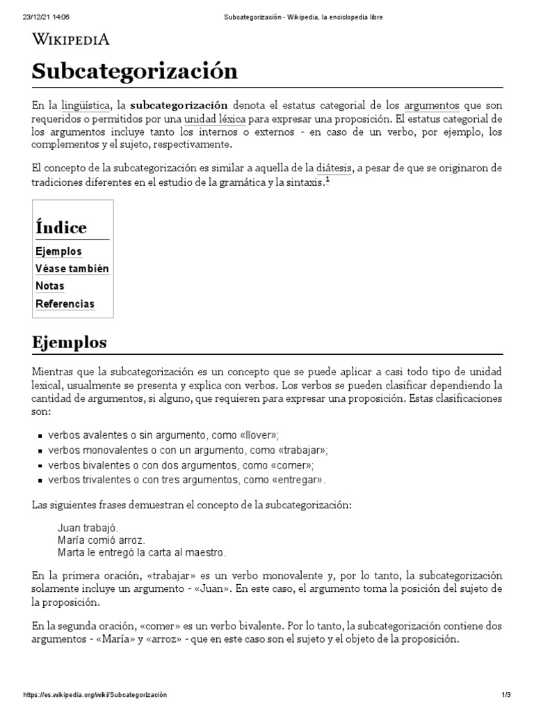 Subcategorización Wikipedia, La Enciclopedia Libre PDF Sintaxis Ciencia cognitiva
