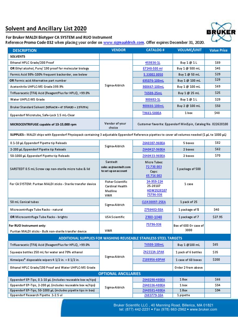 Bruker Solvent and Ancillary List 2020 PDF Chemistry Laboratories