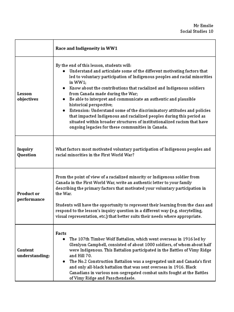ww1 Lesson Plan | PDF | Inclusion (Education) | Canada
