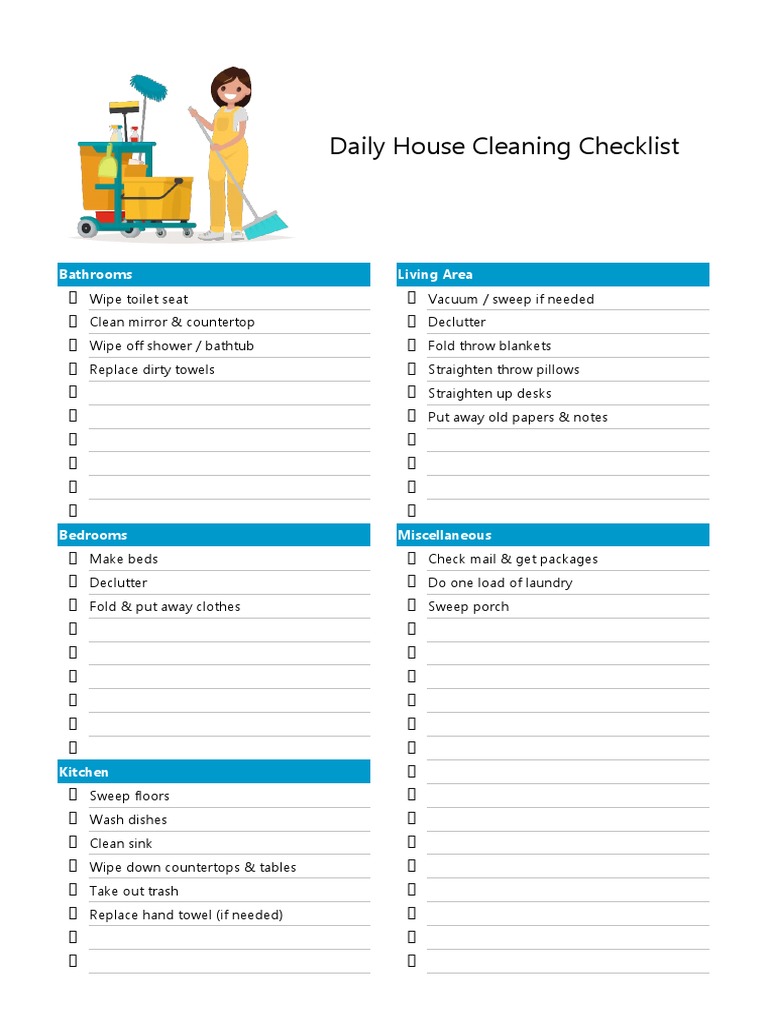 Daily House Cleaning Checklist - TemplateLab | PDF