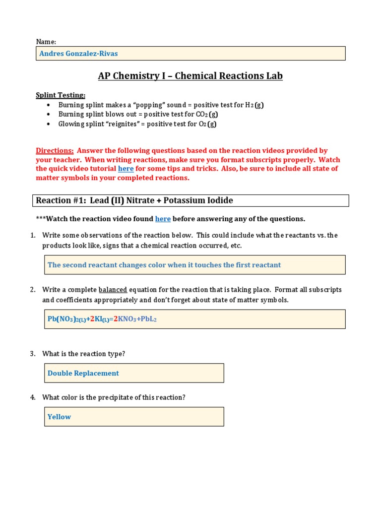 AP Chemistry I Chemical Reactions Lab Reaction 1 Lead (II) Nitrate + Potassium Iodide