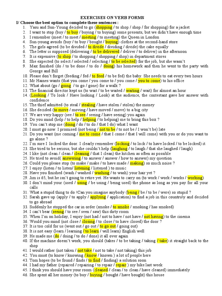 Exercises On Verb Forms | PDF