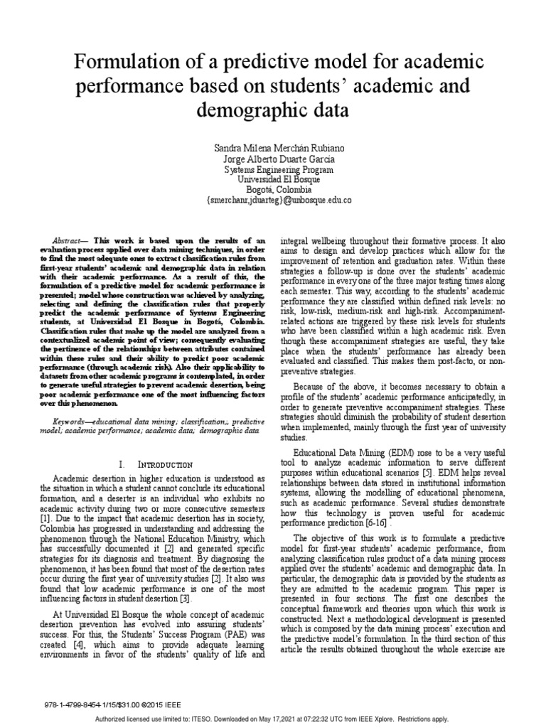 Formulation of A Predictive Model For Academic Performance Based On ...
