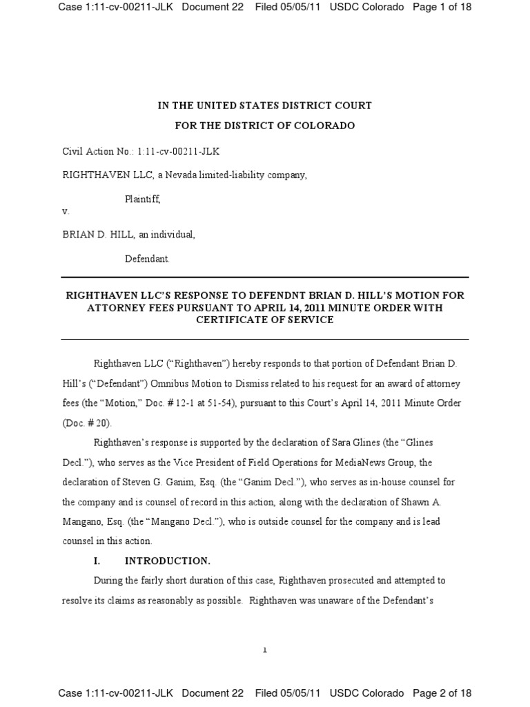 Righthaven s Motion To Dismiss Defendants Request For Attorney s Fees 