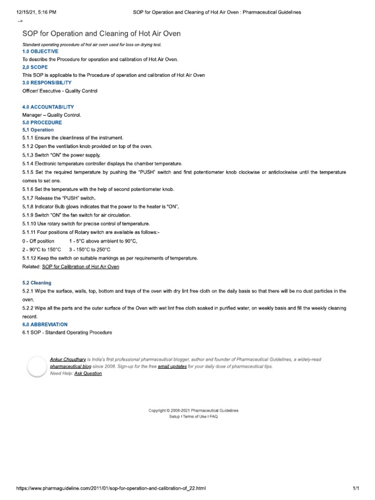 Sop of Operations and Cleaning of Hot Air Oven PDF